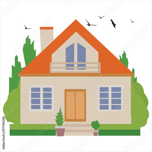 Isolated cartoon house Simple suburban house with garage. Concept of real estate, property and ownership.