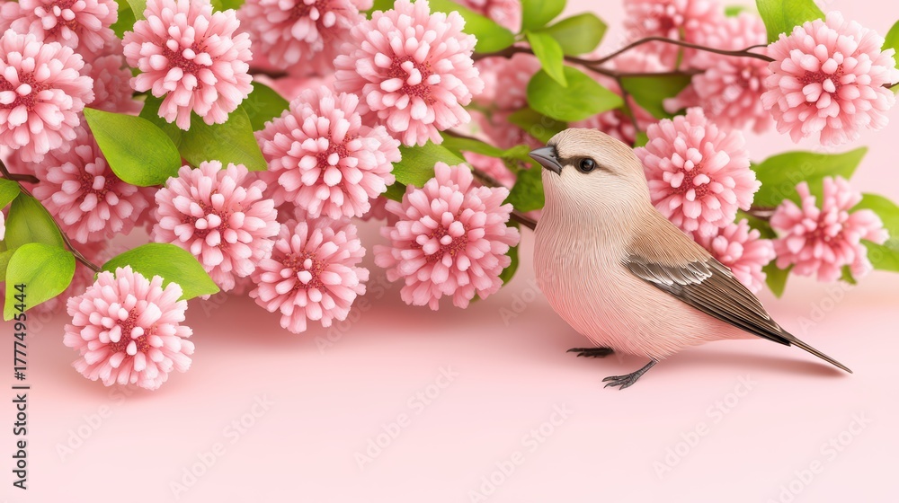 Fototapeta premium A delicate bird stands beside vibrant pink flowers on a soft background, showcasing nature's beauty and serenity.