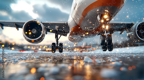 Airplane landing in snowy conditions airport runway high-detail photography winter environment ground-level view aviation concept