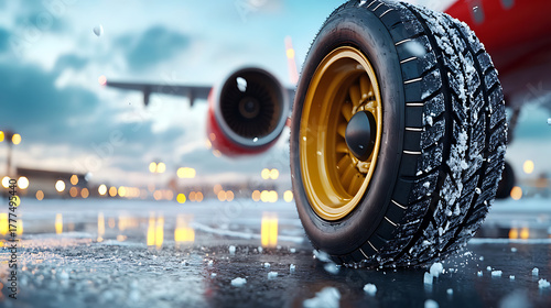 Snow-covered airplane tire airport runway close-up photography winter environment low angle view aviation safety
