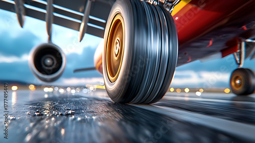 Aircraft landing action airport runway transportation image urban setting close-up view aviation dynamics