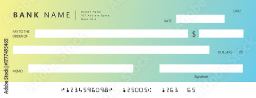 Blue Bank check, vector blank money cheque, checkbook template with guilloche pattern and fields. Currency payment coupon, money check background	
