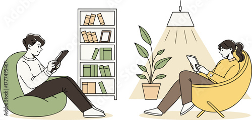 A stylized illustration depicts two figures reading under the warm glow of lamps, flanking a bookshelf filled with books and potted plants. On the left, a young man with dark hair sits in a green armc