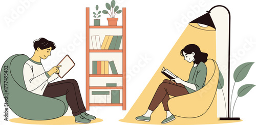 A stylized illustration depicts two figures reading under the warm glow of lamps, flanking a bookshelf filled with books and potted plants. On the left, a young man with dark hair sits in a green armc
