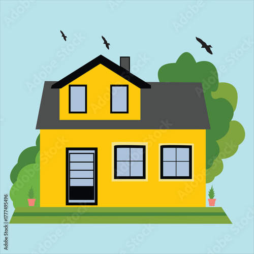 Isolated cartoon house Simple suburban house with garage. Concept of real estate, property and ownership.