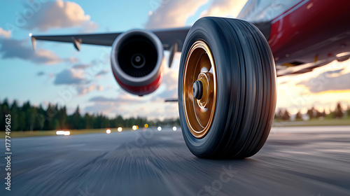Aircraft landing close-up of jet tire on runway at sunset aviation photography dynamic environment low angle view