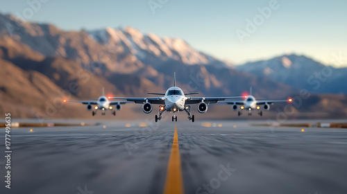 Aircraft takeoff sequence mountain airport photography clear skies ground level aerodynamics exploration