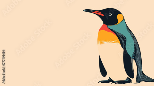Stylized King Penguin Illustration with Warm Color Palette and Clean Lines.