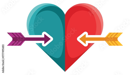 A heart split in blue and red with an arrow pointing in each side