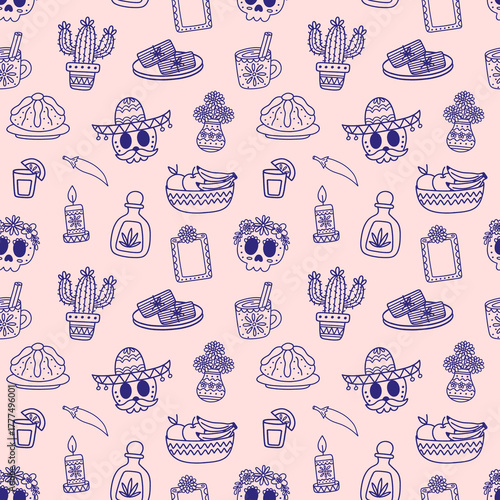 Day of the Dead Elements Line Art on Pastel Pink Seamless Pattern Design