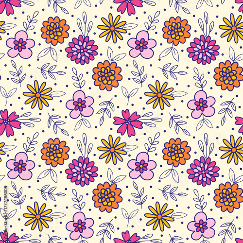 Stylized Tropical Flowers with Leaf Line Art Accents on Pastel Yellow Seamless Pattern Design 