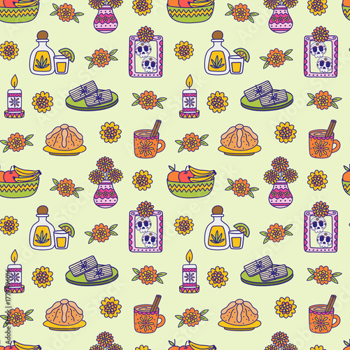 Day of the Dead Altar Offerings on Pastel Green Seamless Pattern Design