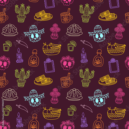 Day of the Dead Elements Neon Line Art on Maroon Seamless Pattern Design