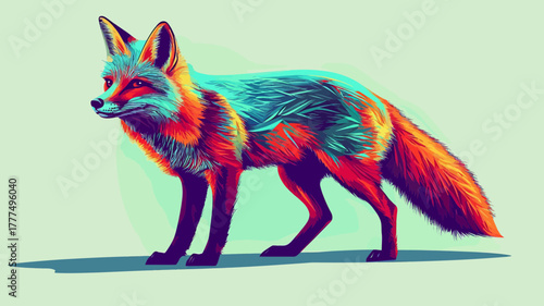 Vibrant Fox Illustration: A vividly colored fox, with a coat of bold hues, stands gracefully in profile, showcasing the animal's natural beauty with a creative and artistic flair.
