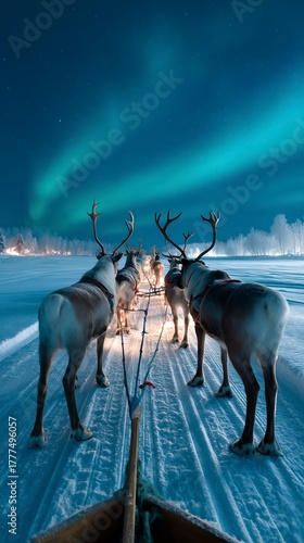 A captivating scene of reindeer gracefully navigating a snow-covered path, illuminated by the mesmerizing dance of the Northern Lights.