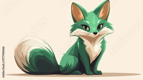 Emerald Fox: A vibrant emerald fox, a symbol of slyness, sits poised with an air of intelligent observation. The image captures its distinct features, setting the animal against a simple backdrop.