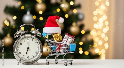 Vintage Alarm Clock and Miniature Shopping Cart Filled with Christmas Gifts in Front of Decorated Tree