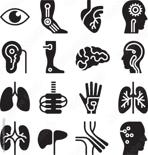 Bionic icon set, human organs, heart, brain, lungs, prosthetic, cyborg, technology