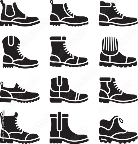 Men's boots icon set, fashion, footwear, leather, casual, work, boot, shoe, winter