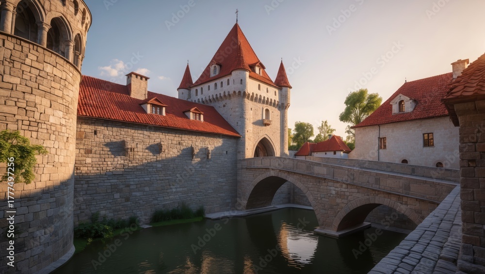 Fototapeta premium Medieval Castle with Stone Walls, Red Roofs, and Moat, Historic European Architecture