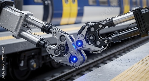 Robotic arms working on train maintenance at station