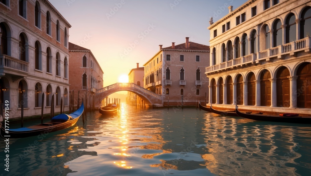 Fototapeta premium Scenic Venice Canal at Sunrise with Gondolas, Bridge, and Traditional Venetian Buildings