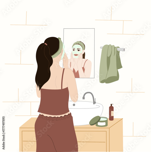 Woman applying face mask in the bathroom, skincare routine concept, beauty self care   flat illustration