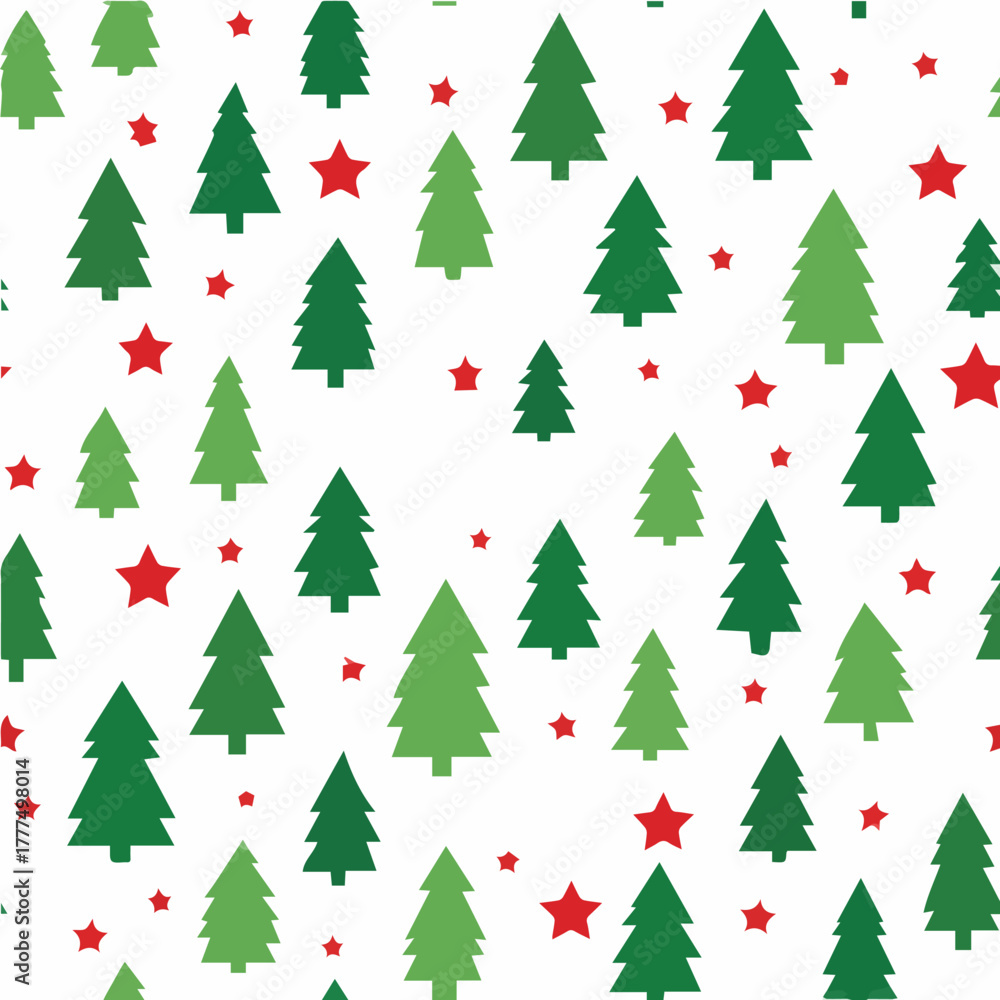 Obraz premium Seamless vector pattern of Christmas trees and stars, flat modern design