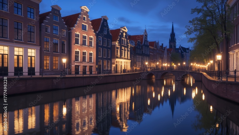 Fototapeta premium Amsterdam Canal Houses at Night with Reflections, Netherlands Cityscape, Dutch Architecture, Waterway