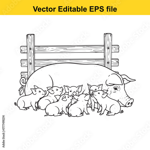 A mother pig with her piglets gathered around her in a farm setting, line art illustration