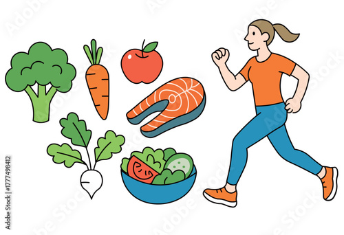 Healthy lifestyle with balanced diet and regular exercise illustration for wellness, nutrition, and fitness concepts