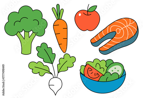 Healthy ingredients set with vegetables, salmon, and fruits for balanced diet and nutrition illustration