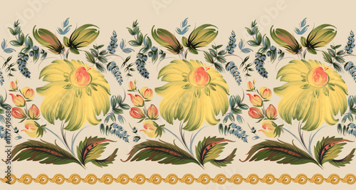 Vector seamless border pattern from yellow flowers and golden scrolls frieze on a beige background