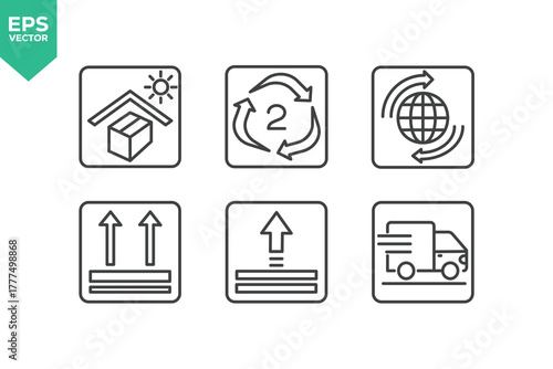 Set Of Packing Symbol Line Icons. The set includes a shipping, fragile, service to protect from the sun, processing, protected from moisture and more. stock illustration stock illustration