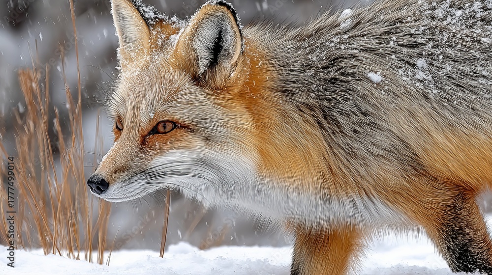 Obraz premium A solitary Red Fox with golden fur hunts for prey in a serene winter landscape covered in snow.