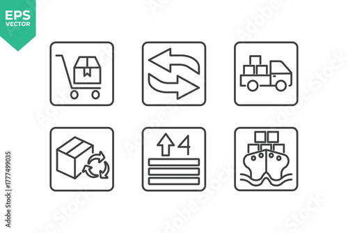 Set Of Packing Symbol Line Icons. The set includes a shipping, fragile, service to protect from the sun, processing, protected from moisture and more. stock illustration stock illustration