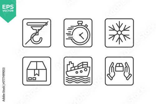 Set Of Packing Symbol Line Icons. The set includes a shipping, fragile, service to protect from the sun, processing, protected from moisture and more. stock illustration stock illustration