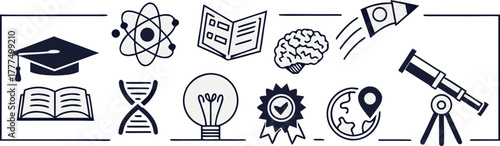 a clean vector-style illustration of various education and science icons arranged in a neat horizontal line, including graduation cap, diploma scroll, open book, notebook, brain, light bulb, atom, tel