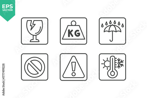 Set Of Packing Symbol Line Icons. The set includes a shipping, fragile, service to protect from the sun, processing, protected from moisture and more. stock illustration stock illustration