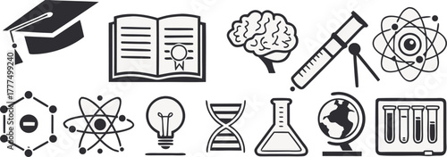 a clean vector-style illustration of various education and science icons arranged in a neat horizontal line, including graduation cap, diploma scroll, open book, notebook, brain, light bulb, atom, tel