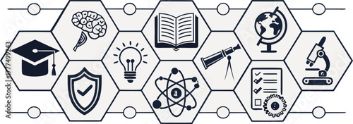 a clean vector-style illustration of various education and science icons arranged in a neat horizontal line, including graduation cap, diploma scroll, open book, notebook, brain, light bulb, atom, tel