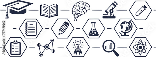 a clean vector-style illustration of various education and science icons arranged in a neat horizontal line, including graduation cap, diploma scroll, open book, notebook, brain, light bulb, atom, tel