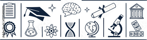 a clean vector-style illustration of various education and science icons arranged in a neat horizontal line, including graduation cap, diploma scroll, open book, notebook, brain, light bulb, atom, tel