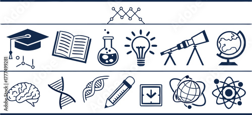 a clean vector-style illustration of various education and science icons arranged in a neat horizontal line, including graduation cap, diploma scroll, open book, notebook, brain, light bulb, atom, tel