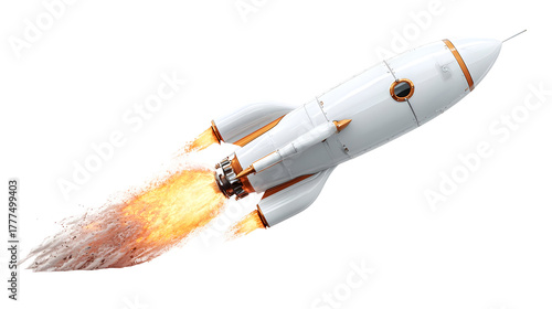Fototapeta Naklejka Na Ścianę i Meble -  Sleek white rocket launching with fiery orange flames against black background