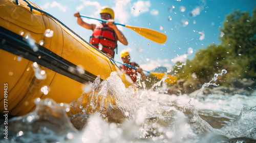 Rafting. A group of people rafting down a whitewater river. Rafting and whitewater rafting. An extreme sport. A group sport.	
