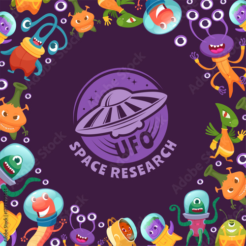 Alien background. circle form background template for design projects with ufo alien characters