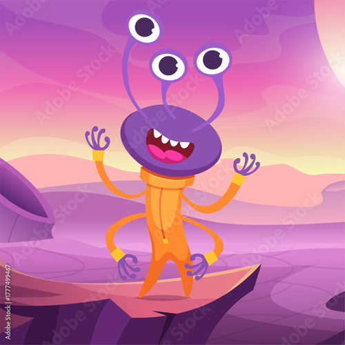Alien. cartoon mascot cute alien standing outdoor on fantasy space landscape