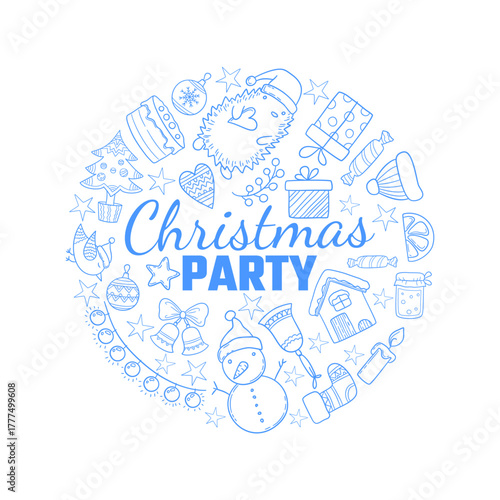 Christmas party. circle shape background with christmas items. snowflakes presents boxes toys and sweets