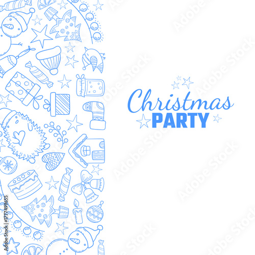 Christmas party. vertical background with christmas items snowflake cakes sweets and presents